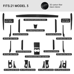 Premium Carbon Fiber Interior Trim Wrap Decal Set for Tesla Model 3