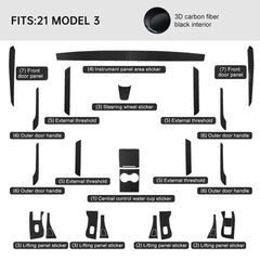Premium Carbon Fiber Interior Trim Wrap Decal Set for Tesla Model 3