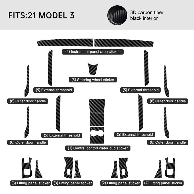 Premium Carbon Fiber Interior Trim Wrap Decal Set for Tesla Model 3 - Evooor