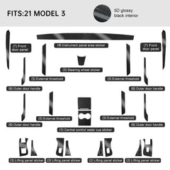 Premium Carbon Fiber Interior Trim Wrap Decal Set for Tesla Model 3