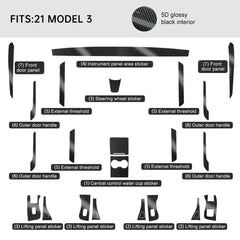 Premium Carbon Fiber Interior Trim Wrap Decal Set for Tesla Model 3