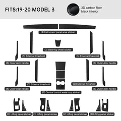 Premium Carbon Fiber Interior Trim Wrap Decal Set for Tesla Model 3