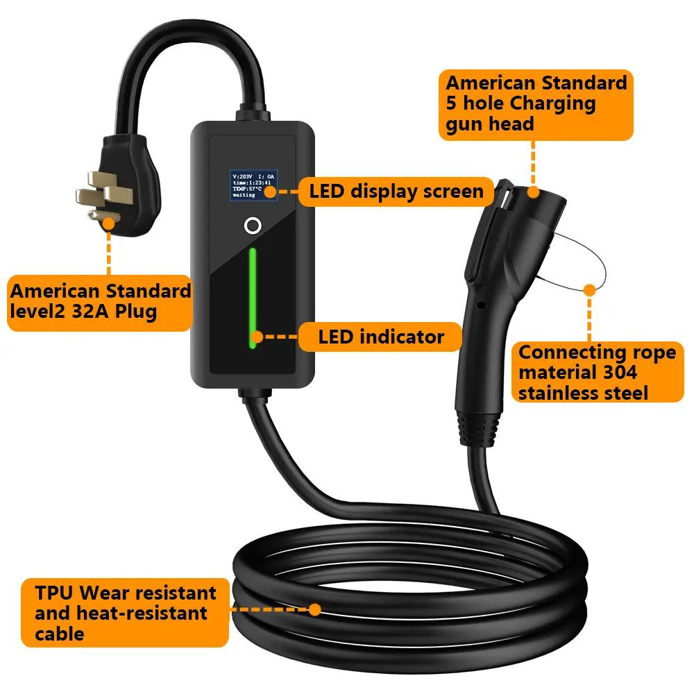 Portable Level 2 Electric Vehicle Charger with Adjustable Current and Screen Display for Home Charging - Evooor