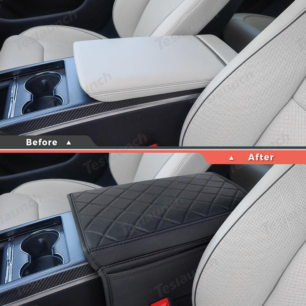 Diamond-Pattern Leather Center Armrest Cover with Pockets for Tesla Model S/X 2021+ - Evooor