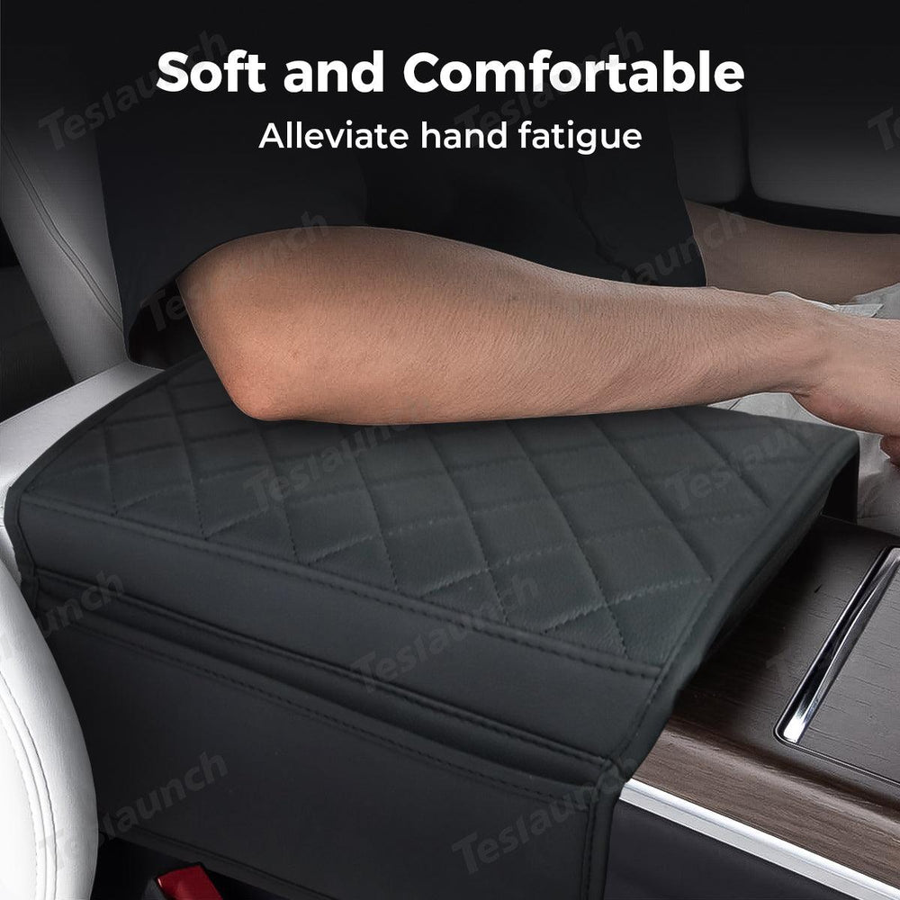 Diamond-Pattern Leather Center Armrest Cover with Pockets for Tesla Model S/X 2021+ - Evooor