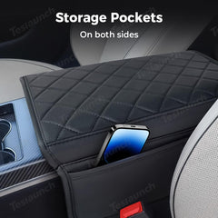 Diamond-Pattern Leather Center Armrest Cover with Pockets for Tesla Model S/X 2021+ - Evooor
