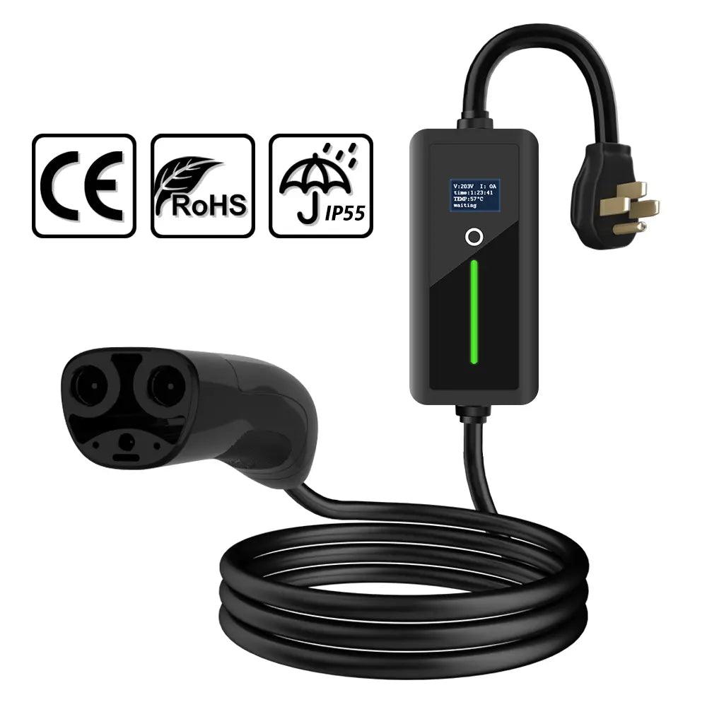 Portable Level 2 Electric Vehicle Charger with Adjustable Current and Screen Display for Home Charging - Evooor