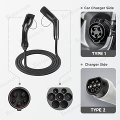 Type 2 to Type 1 Electric Vehicle (EV) Charging Cable with J1772 Connector - Evooor