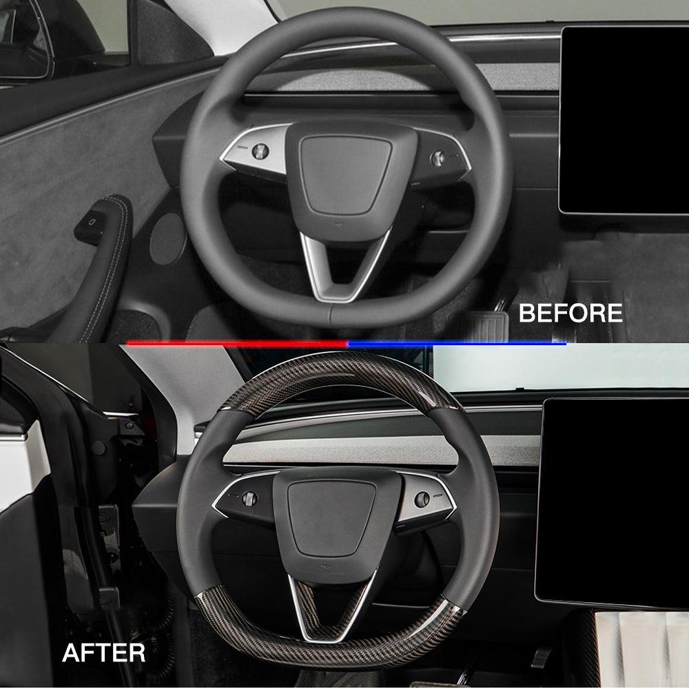 Glossy Carbon Fiber Steering Wheel Cover Upgrade for Tesla Model 3 Highland - Fits 2024+ - Evooor