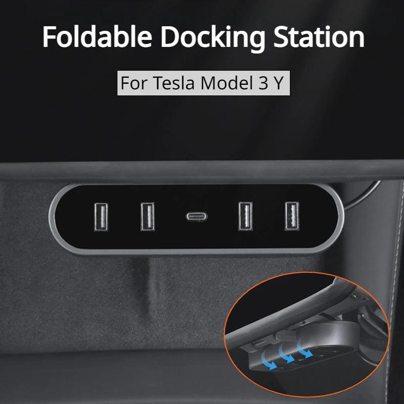 Model 3/Y USB Hub Folding Docking Station Center Console Under Screen for Tesla(2017-2023.9) - Evooor