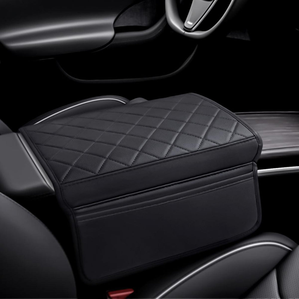 Diamond-Pattern Leather Center Armrest Cover with Pockets for Tesla Model S/X 2021+ - Evooor