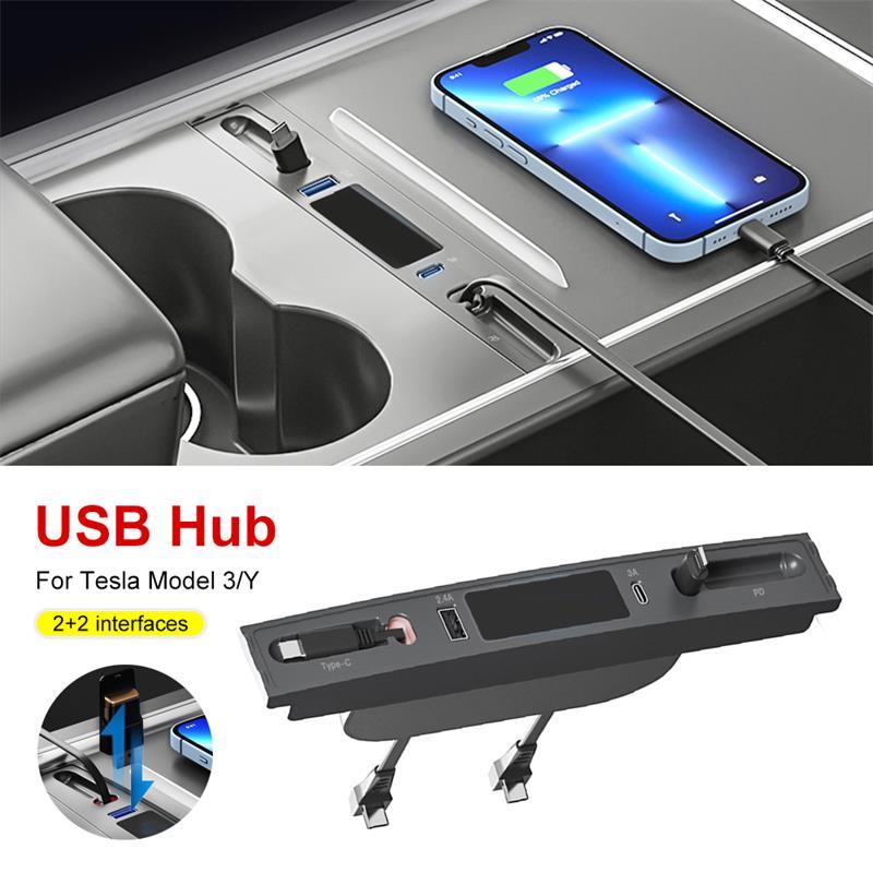Model 3/Y Hub Docking Station-27W Quick Charger Retractable for USB LED Shunt Hub Extension Center Console Smart Sensor For Tesla (2021-2023) - Evooor