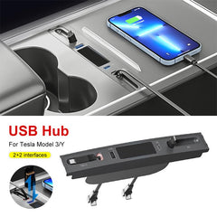 Model 3/Y Hub Docking Station-27W Quick Charger Retractable for USB LED Shunt Hub Extension Center Console Smart Sensor For Tesla (2021-2023)
