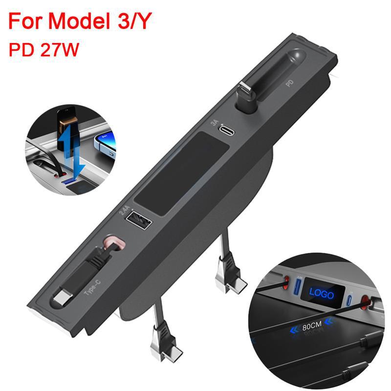 Model 3/Y Hub Docking Station-27W Quick Charger Retractable for USB LED Shunt Hub Extension Center Console Smart Sensor For Tesla (2021-2023) - Evooor