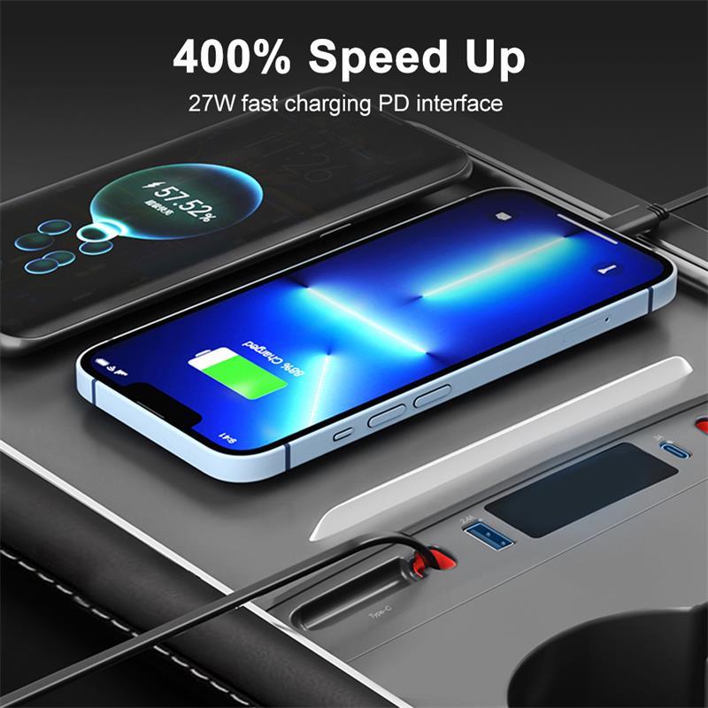 Model 3/Y Hub Docking Station-27W Quick Charger Retractable for USB LED Shunt Hub Extension Center Console Smart Sensor For Tesla (2021-2023) - Evooor