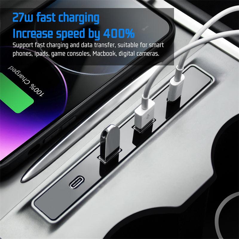 Model 3/Y USB Shunt Hub-27W Quick Charger Car Adapter Powered Splitter For Tesla(2021-2023) - Evooor
