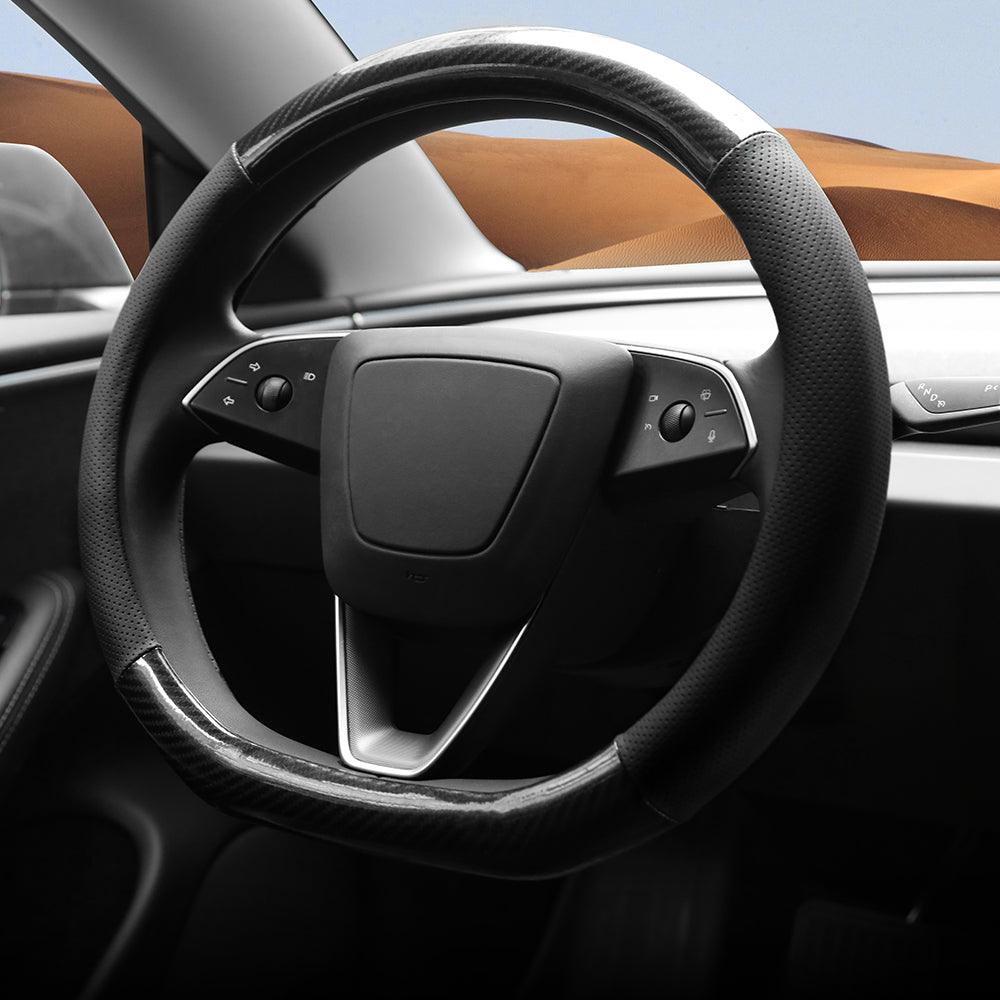 D-Shaped Carbon Pattern Leather Steering Wheel Cover for Tesla Model Y Juniper 2025+ - Evooor