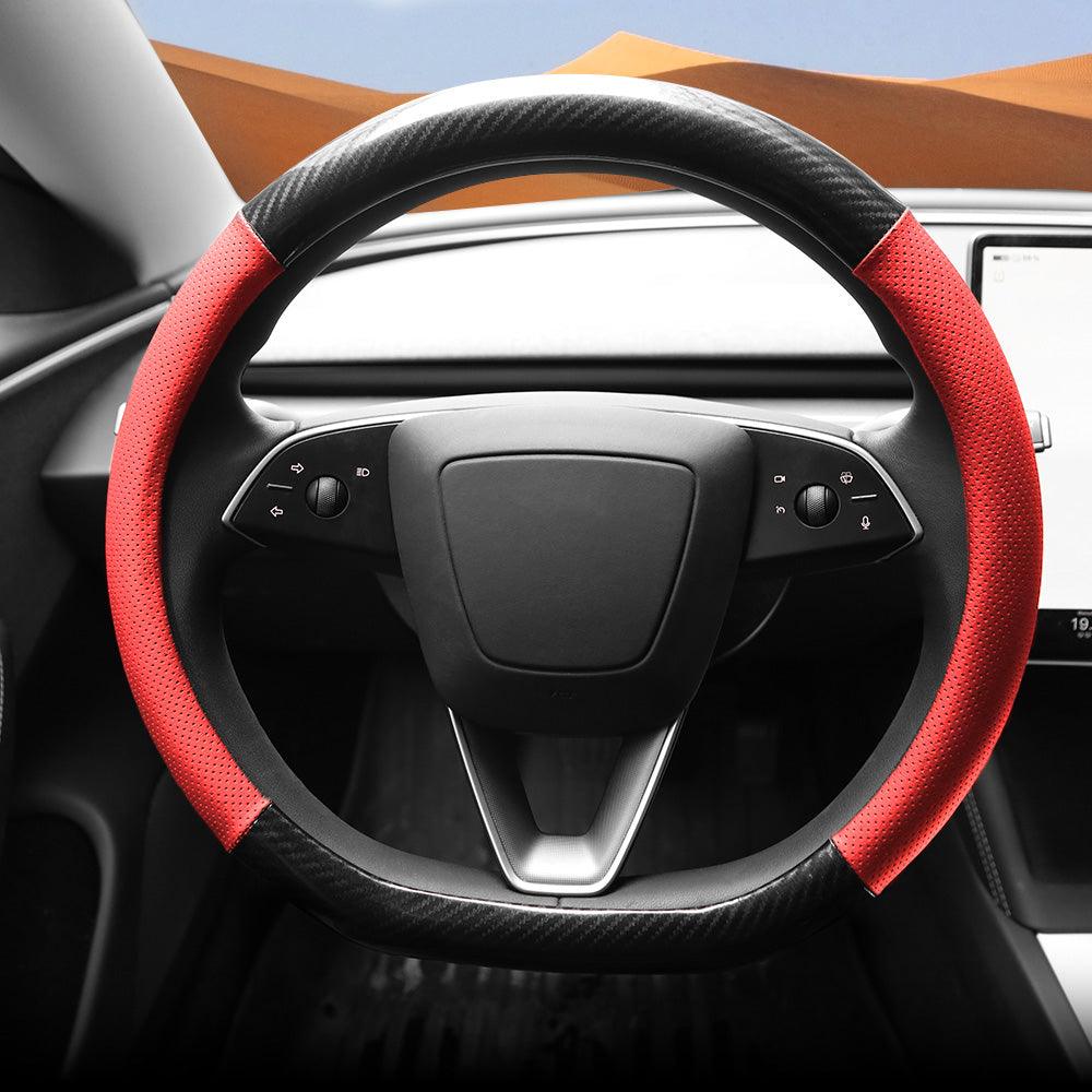 D-Shaped Carbon Pattern Leather Steering Wheel Cover for Tesla Model 3 Highland 2024+ - Evooor