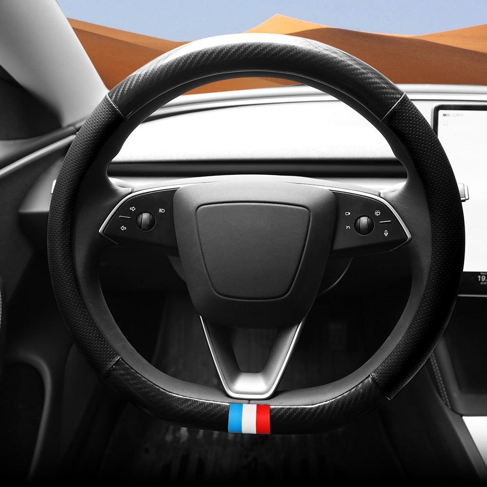 D-Shaped Carbon Pattern Leather Steering Wheel Cover for Tesla Model 3 Highland 2024+ - Evooor