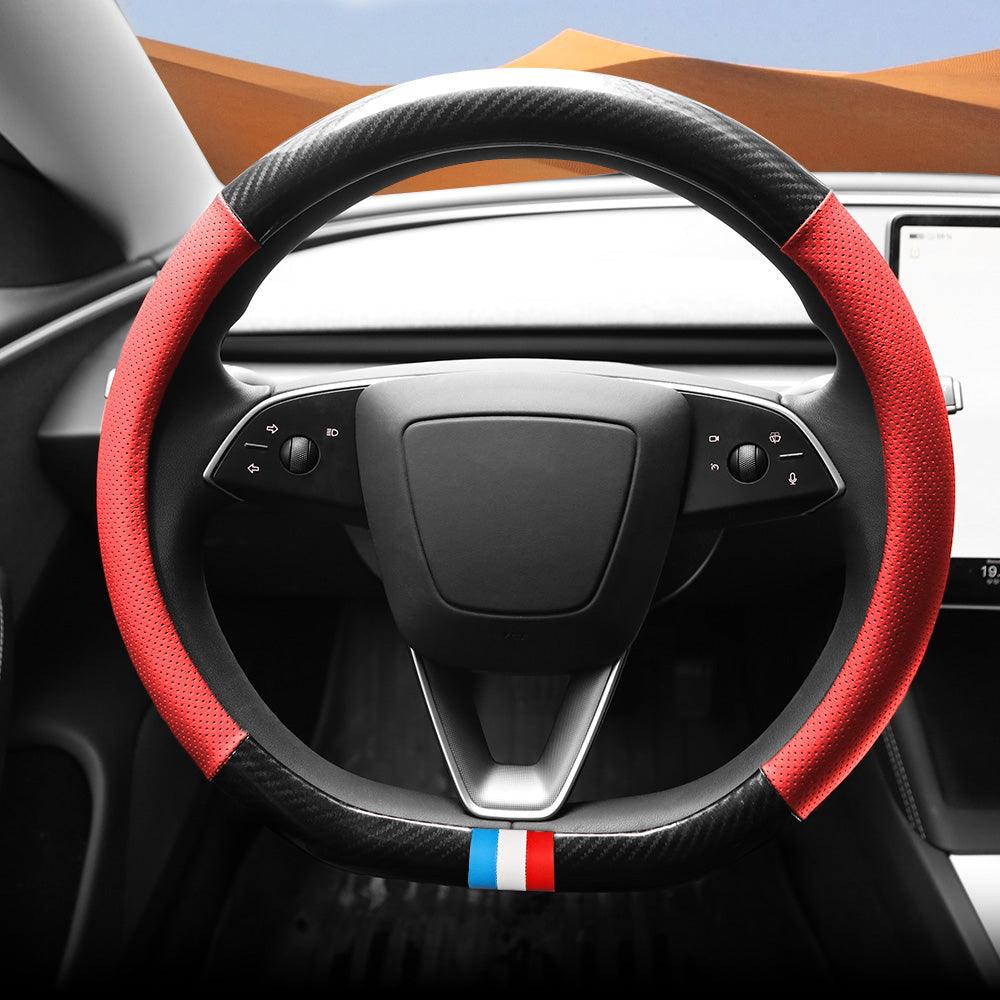 D-Shaped Carbon Pattern Leather Steering Wheel Cover for Tesla Model 3 Highland 2024+ - Evooor