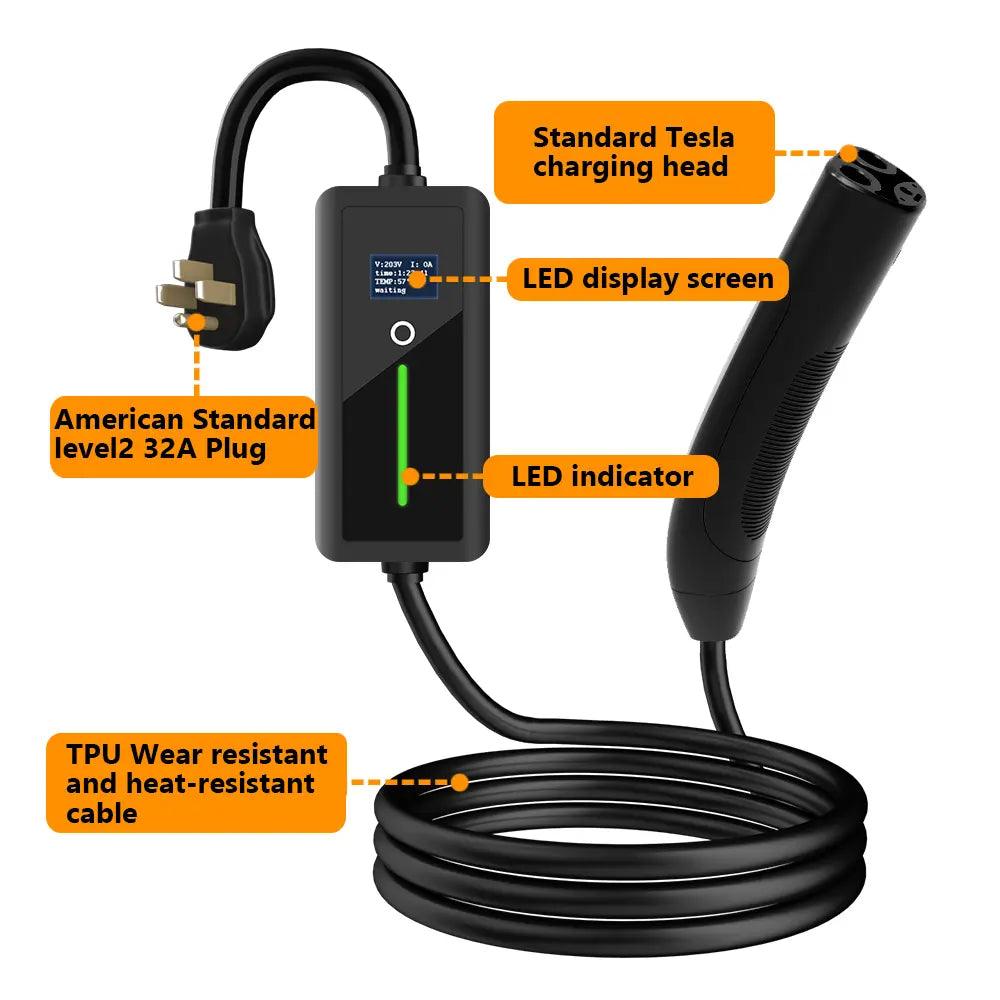 Portable Level 2 Electric Vehicle Charger with Adjustable Current and Screen Display for Home Charging - Evooor