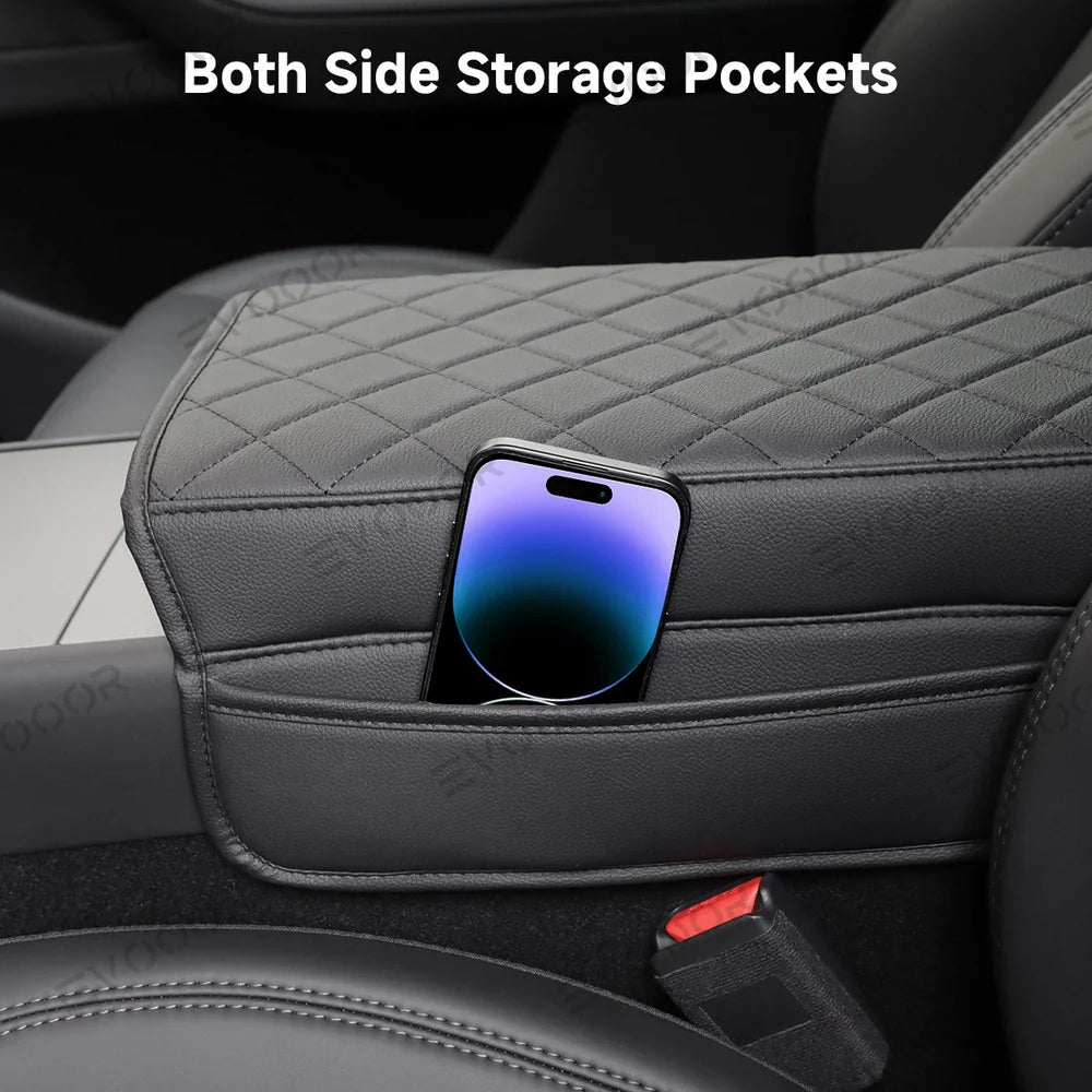 Leather Center Armrest Cover with Side Pockets for Tesla Model Y Juniper 2025+