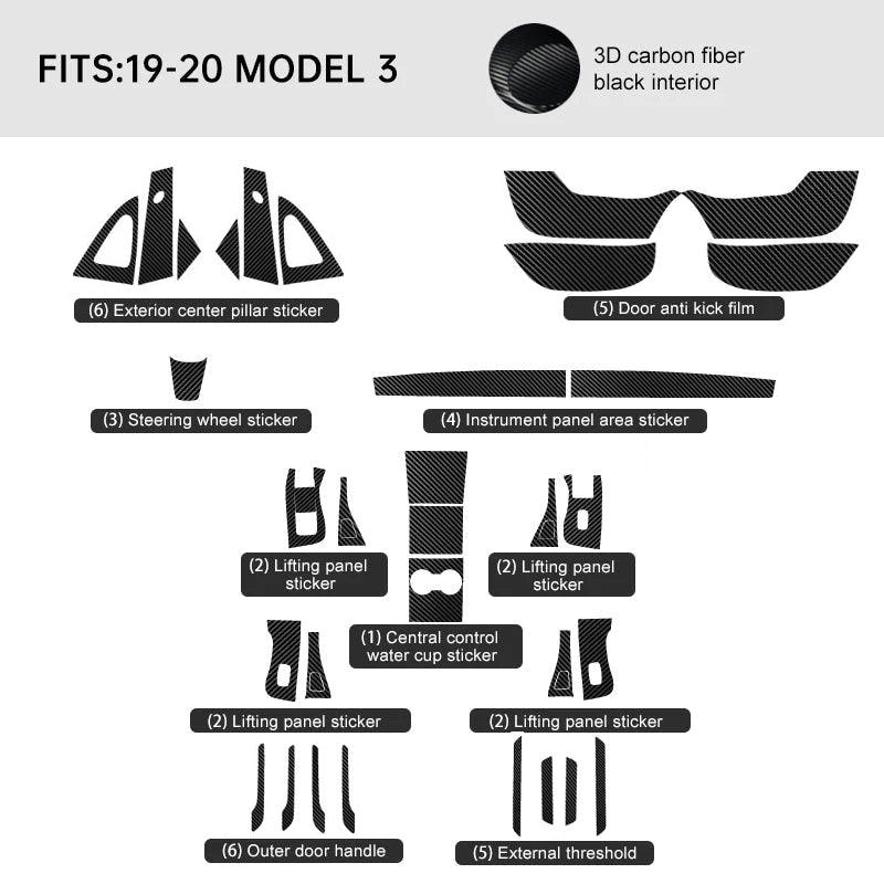 Premium Carbon Fiber Interior Trim Wrap Decal Set for Tesla Model 3 - Evooor