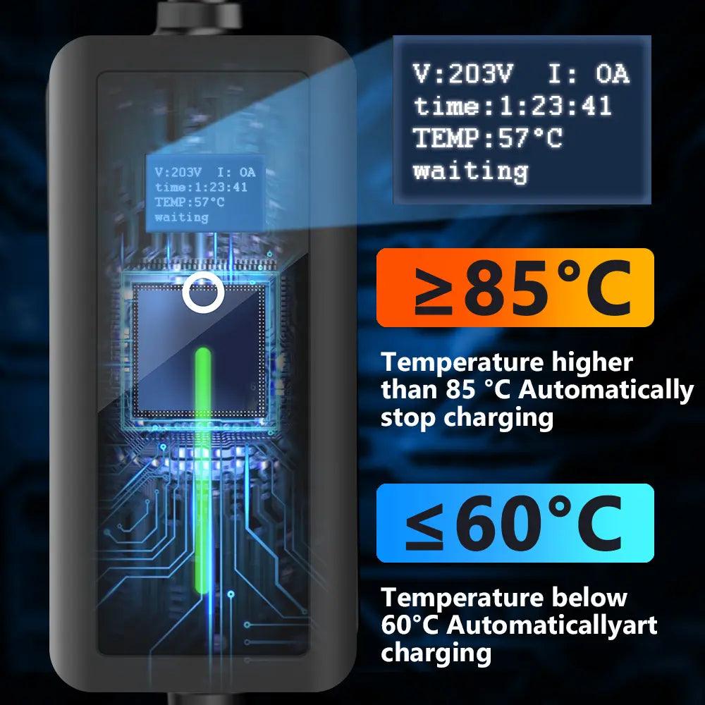 Portable Level 2 Electric Vehicle Charger with Adjustable Current and Screen Display for Home Charging - Evooor