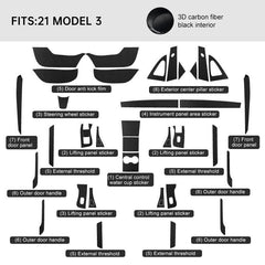 Premium Carbon Fiber Interior Trim Wrap Decal Set for Tesla Model 3