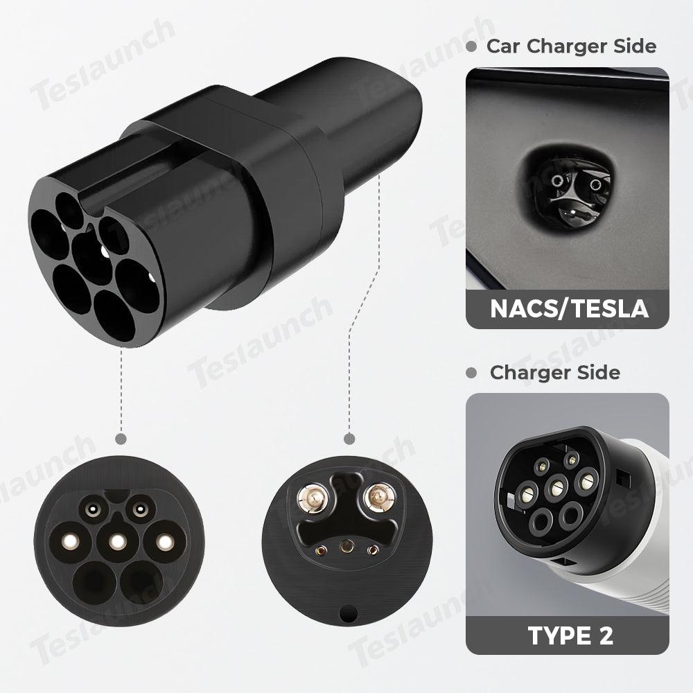 Tesla/NACS Type 2 to AC Electric Vehicle (EV) Charging Adapter - Compatible with Tesla and NACS Charging Stations - Evooor