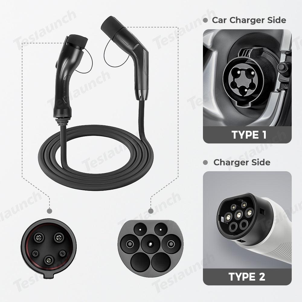 Type 2 to Type 1 Electric Vehicle (EV) Charging Cable with J1772 Connector - Evooor
