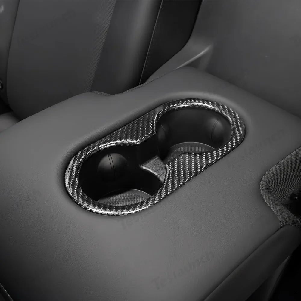 Premium Carbon Fiber Rear Armrest Cup Holder Cover for Tesla Model Y - Enhanced Style and Functionality - Evooor