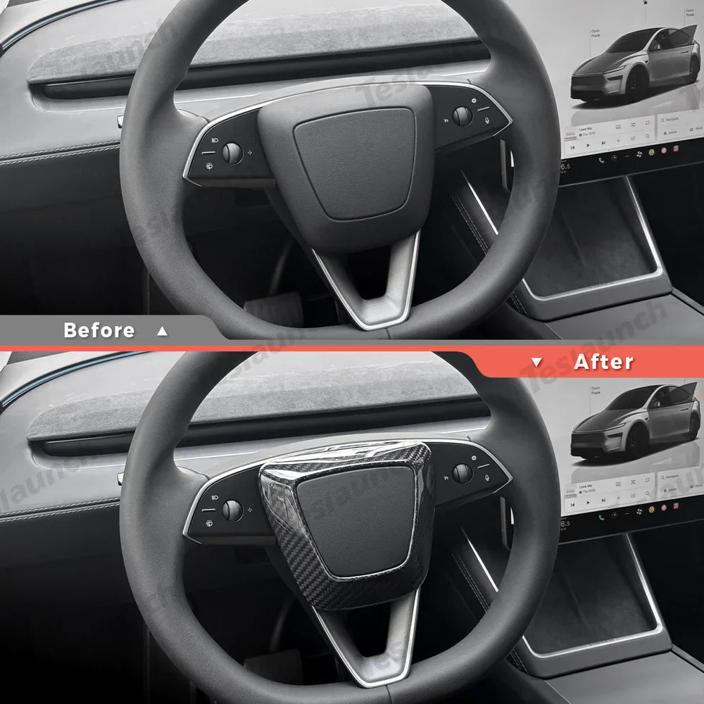 Tesla Model Y Juniper 2025+ - Upgraded Center Trim Cover in Genuine Carbon Fiber for Steering Wheel Airbag - Evooor