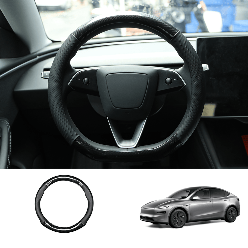 D-Shaped Carbon Pattern Leather Steering Wheel Cover for Tesla Model Y Juniper 2025+ - Evooor
