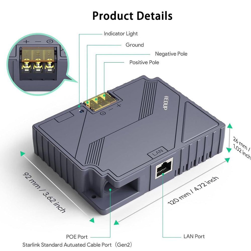 3-in-1 PoE Injector with 9- 36V DC Step-Up Converter for Starlink Gen 2 - Evooor