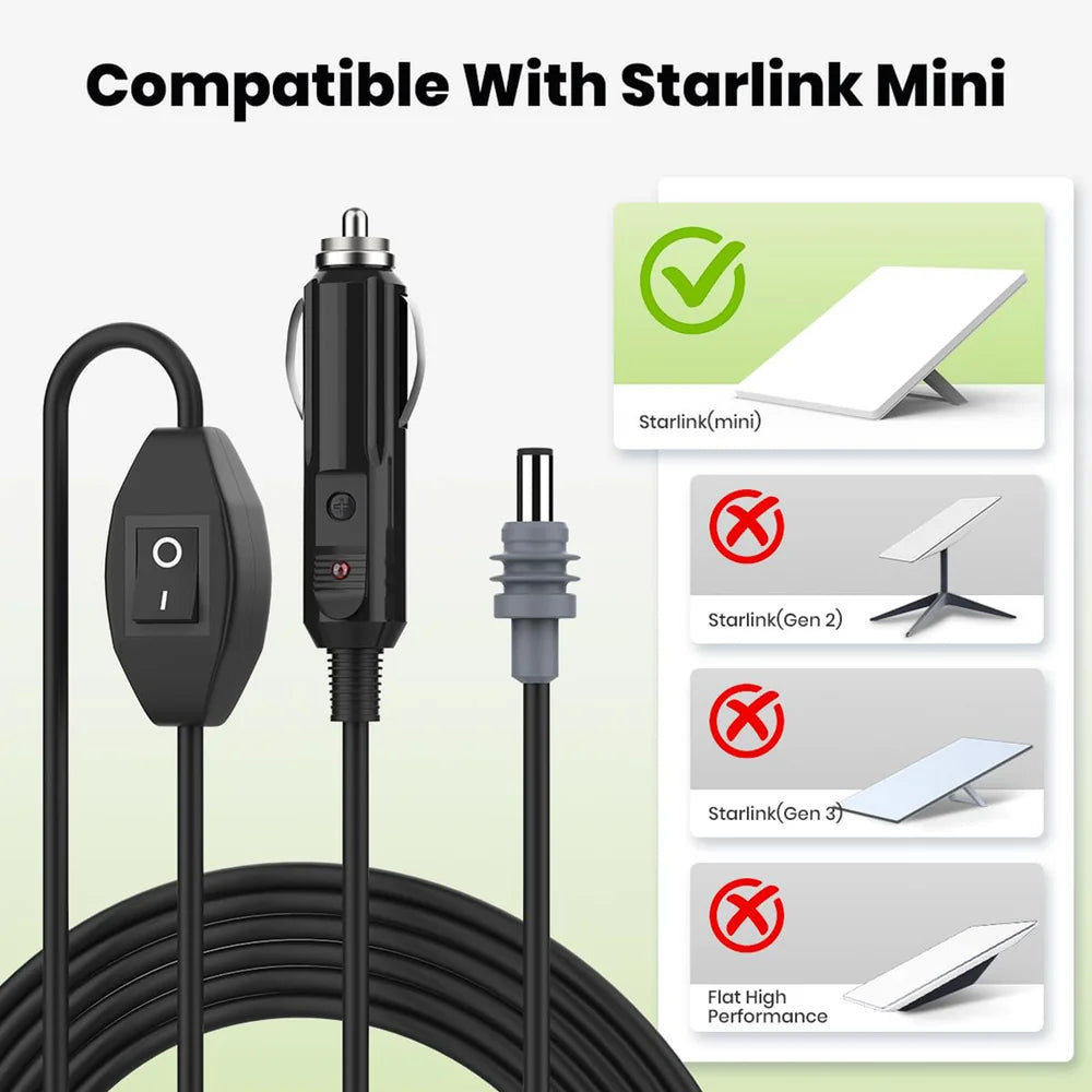 High-quality 10ft Car Charger Cable with Switch for Starlink Mini - DC Power Cord for Improved Performance - Evooor