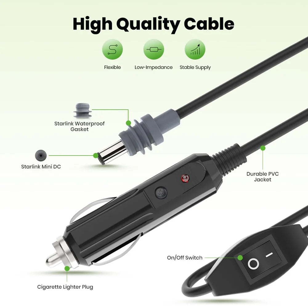 High-quality 10ft Car Charger Cable with Switch for Starlink Mini - DC Power Cord for Improved Performance - Evooor