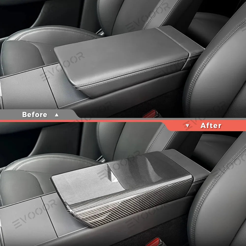 High-Quality Armrest Cover with Genuine Carbon Fiber for Tesla Model Y - Fits Juniper 2025+ Model Year