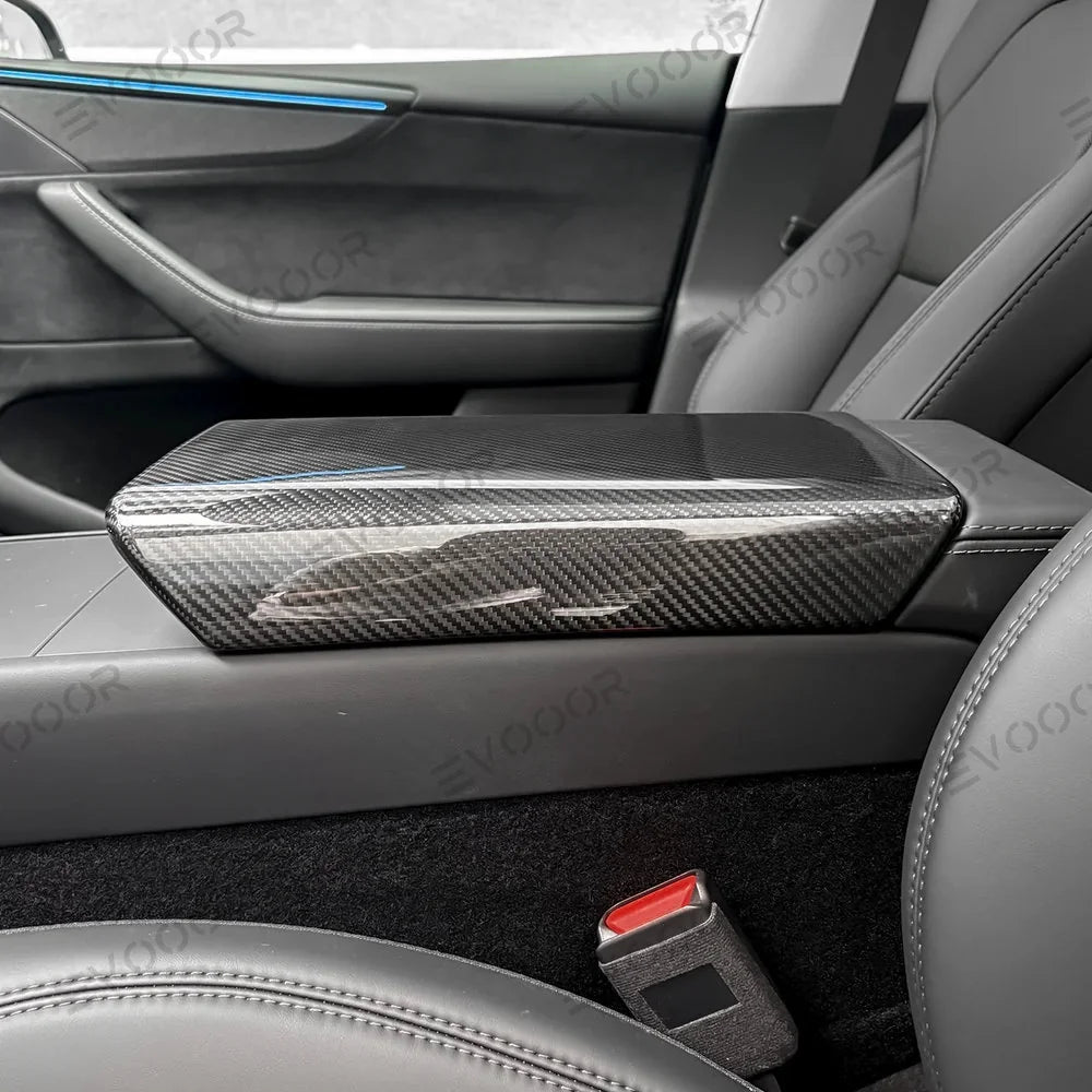 High-Quality Armrest Cover with Genuine Carbon Fiber for Tesla Model Y - Fits Juniper 2025+ Model Year