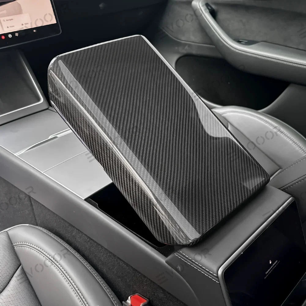 High-Quality Armrest Cover with Genuine Carbon Fiber for Tesla Model Y - Fits Juniper 2025+ Model Year