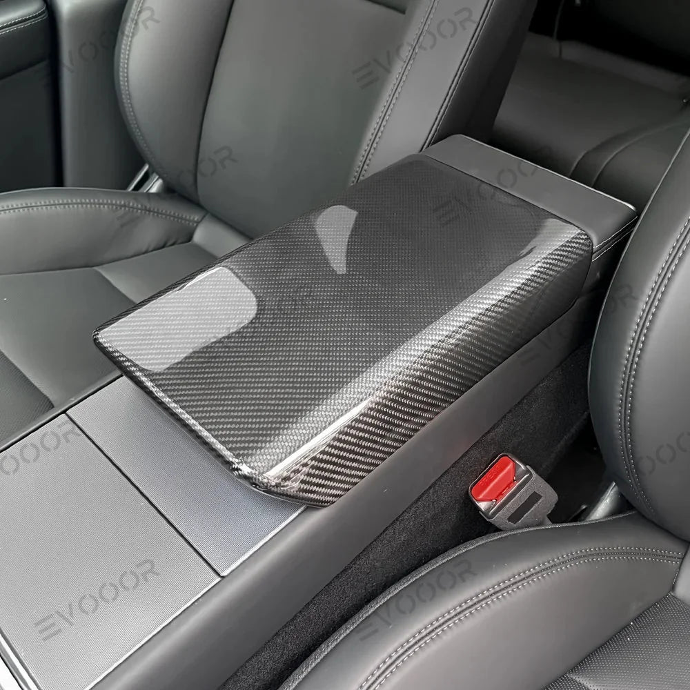High-Quality Armrest Cover with Genuine Carbon Fiber for Tesla Model Y - Fits Juniper 2025+ Model Year