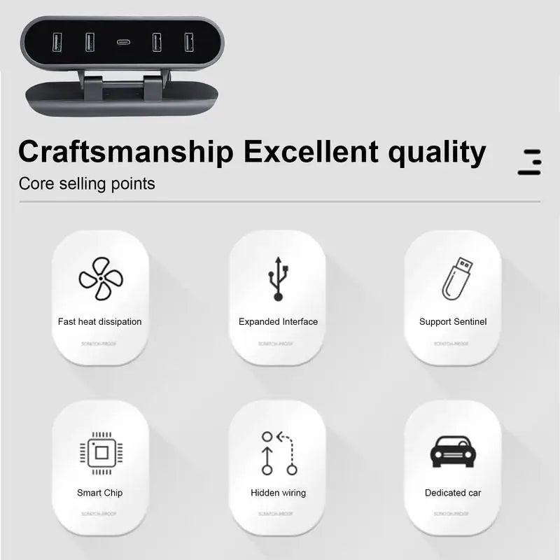 Model 3/Y USB Hub Folding Docking Station Center Console Under Screen for Tesla(2017-2023.9) - Evooor