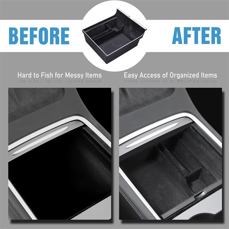 Model 3/Y Flocked Center Console Organizer Tray-Armrest Hidden Cubby Drawer Storage Box Container For Tesla(2021-2023, Gen. 2) - Evooor