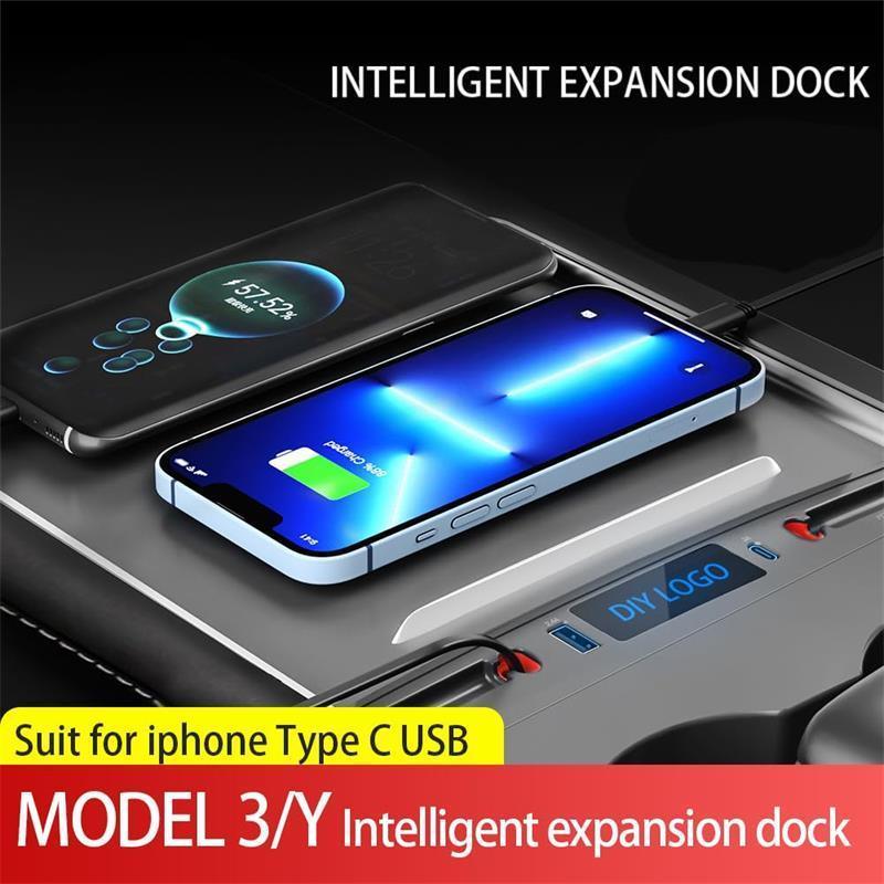 Model 3/Y Hub Docking Station-27W Quick Charger Retractable for USB LED Shunt Hub Extension Center Console Smart Sensor For Tesla (2021-2023) - Evooor
