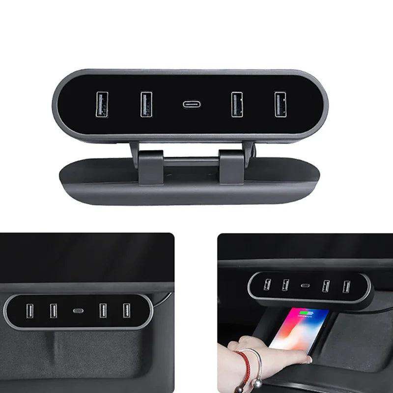 Model 3/Y USB Hub Folding Docking Station Center Console Under Screen for Tesla(2017-2023.9) - Evooor