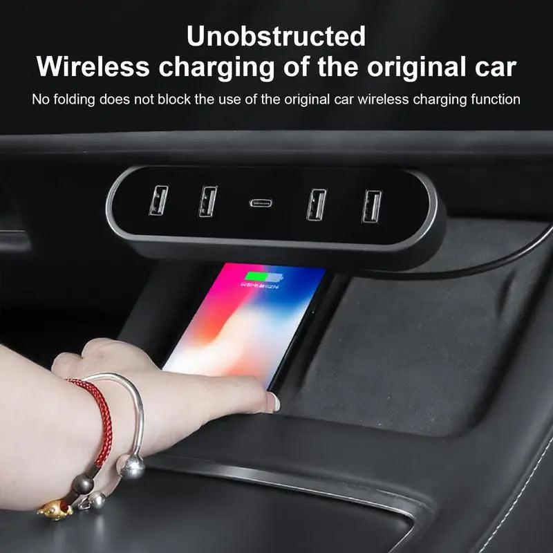 Model 3/Y USB Hub Folding Docking Station Center Console Under Screen for Tesla(2017-2023.9) - Evooor